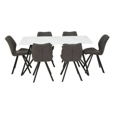 White Marble Effect Top and Metal Legs Dining Table with Faux Leather 6 Grey Chairs Set