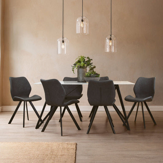White Marble Effect Top and Metal Legs Dining Table with Faux Leather 6 Grey Chairs Set