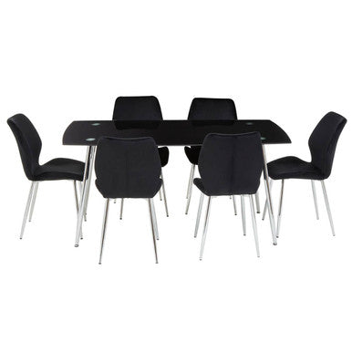 Black Glass Dining Table and 6 Black Velvet Dining Chairs Set