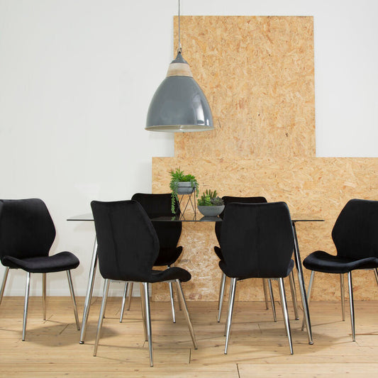 Black Glass Dining Table and 6 Black Velvet Dining Chairs Set