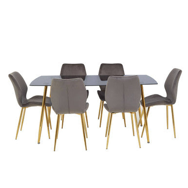 Smoked Glass Dining Table and 6 Grey Velvet Dining Chairs Set