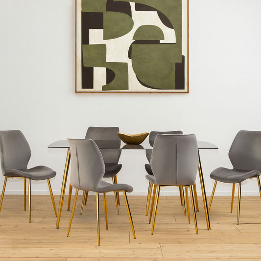 Smoked Glass Dining Table and 6 Grey Velvet Dining Chairs Set