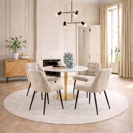 Corby Round Dining Table with White Polished Marble Top & Gold Base inc 4 Brooke Dining Chairs in Beige