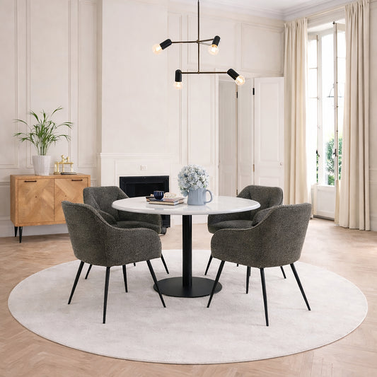 Corby Round Dining Table with White Polished Marble Top & Black Base includes 4 Brooke Dining Chairs with Arm Rest in Taupe