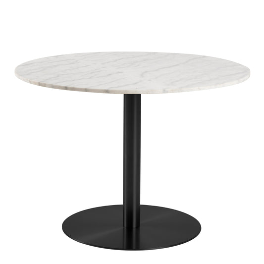 Corby Round Dining Table with White Polished Marble Top & Black Base includes 4 Brooke Dining Chairs with Arm Rest in Monza Beige