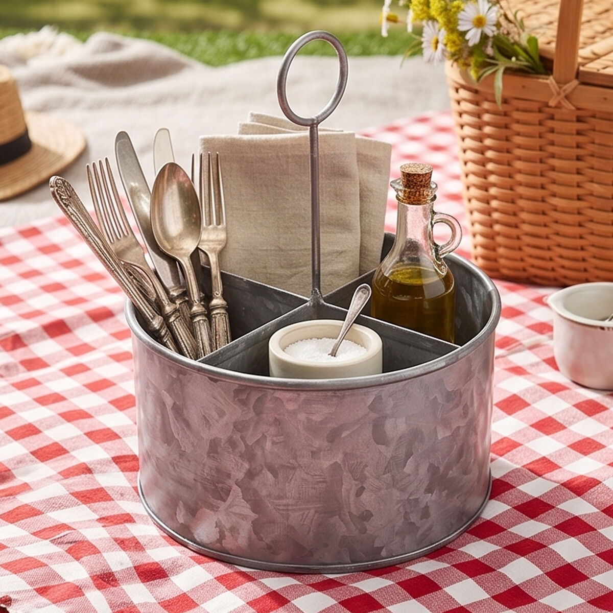 Galvanised Steel 4 Compartment Round Cutlery Caddy | Drummond