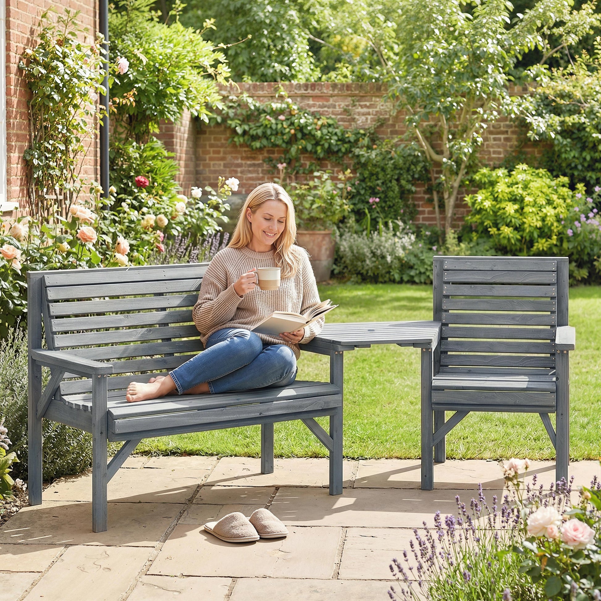 Wooden Garden Furniture Set with Parasol Hole, 1 Chair, 1 Bench and Detachable Table, Grey Embossed Finish