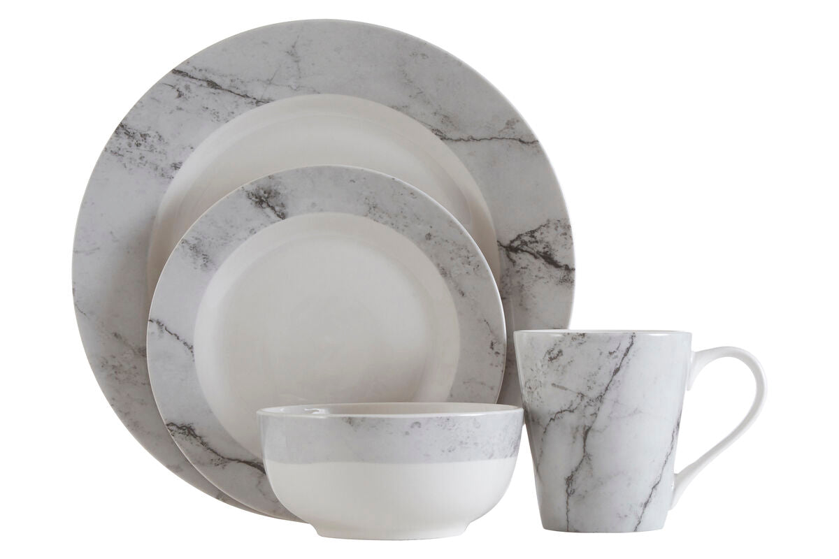 16 Piece White and Grey Marble Design Dinner Set | Avie