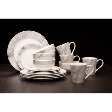 16 Piece White and Grey Marble Design Dinner Set | Avie
