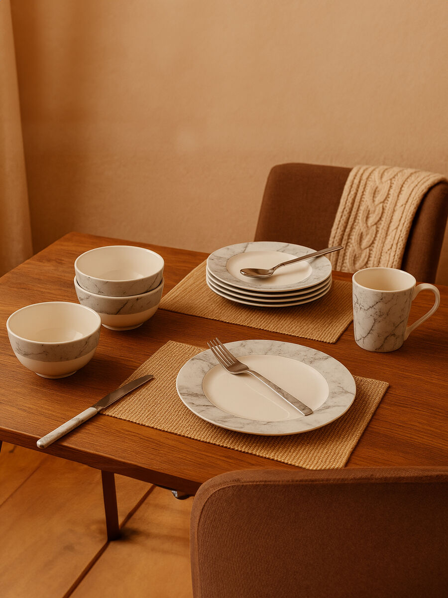 16 Piece White and Grey Marble Design Dinner Set | Avie