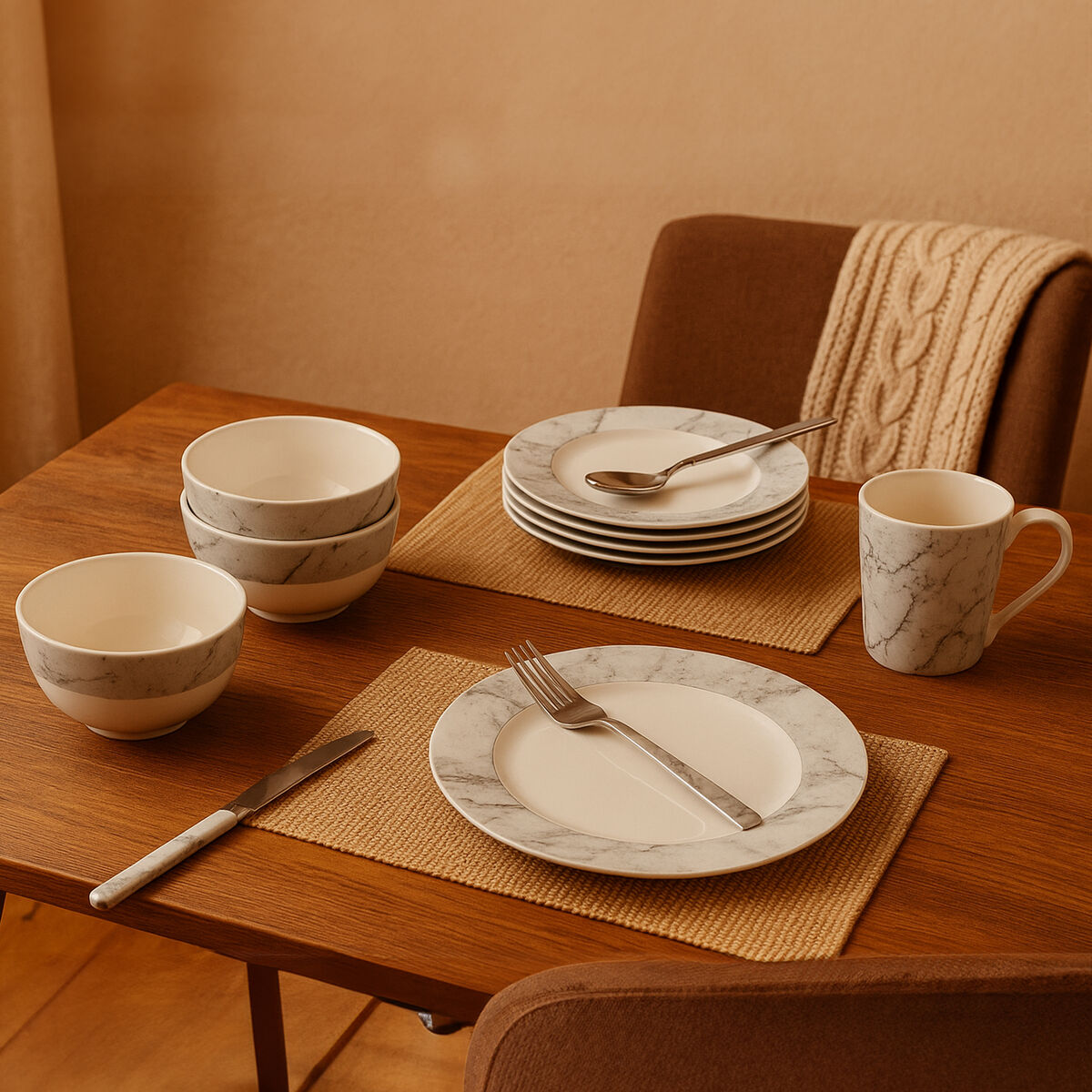 16 Piece White and Grey Marble Design Dinner Set | Avie