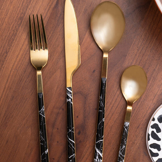 16 Piece Black Faux Marble Cutlery Set | Avie