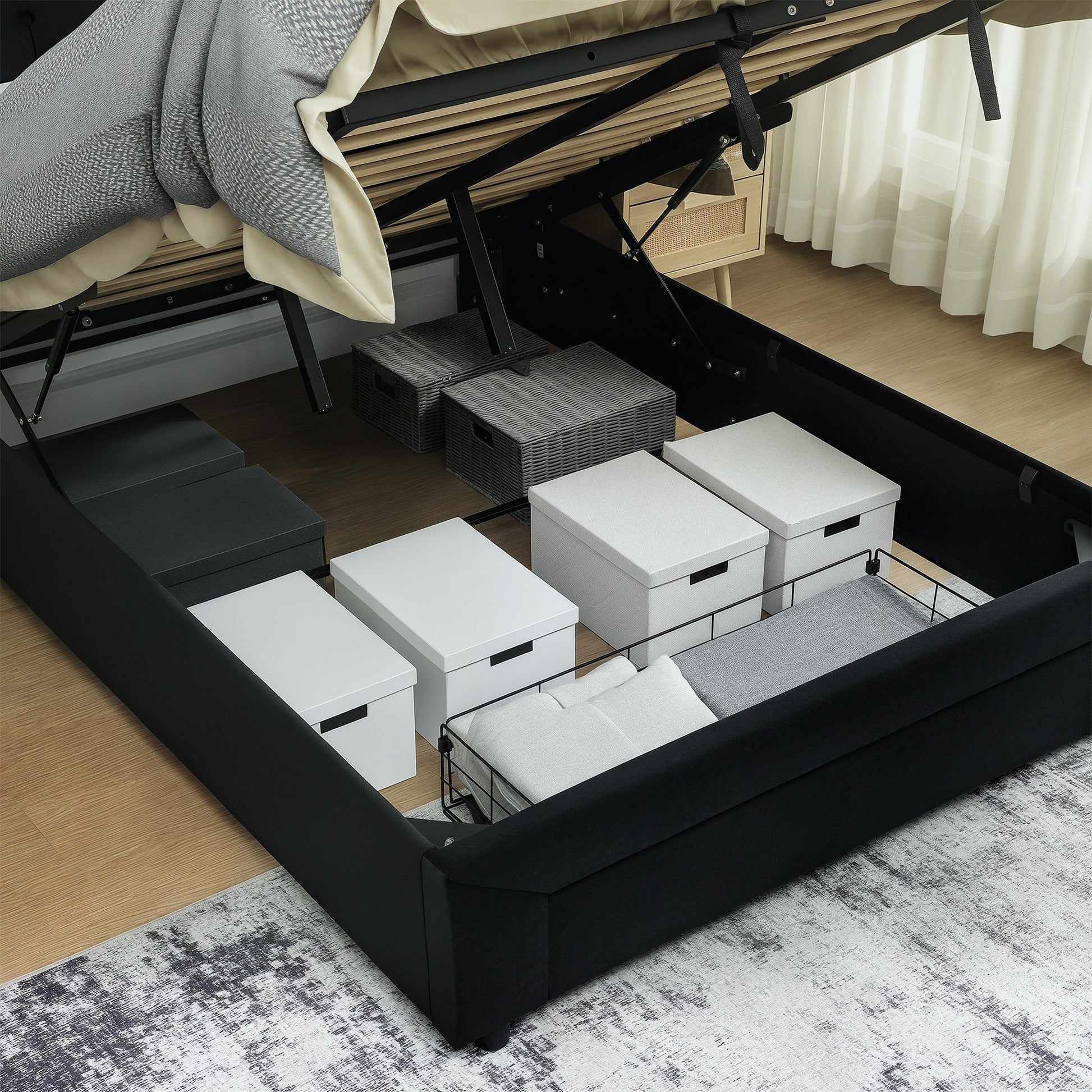 Double Ottoman Bed Frame, with Front Drawer - Black