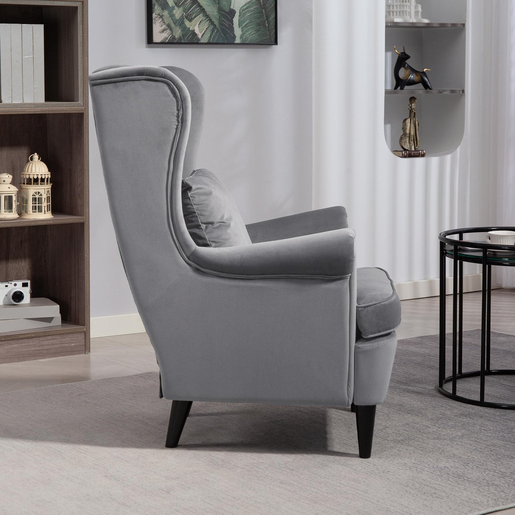 Modern Accent Chair, Upholstered Wingback Armchair with High Backrest and Pillow, Velvet-Feel Fabric Reading Chair with Solid Wood Legs for Living Room, Bedroom, Home Office, Dark Grey
