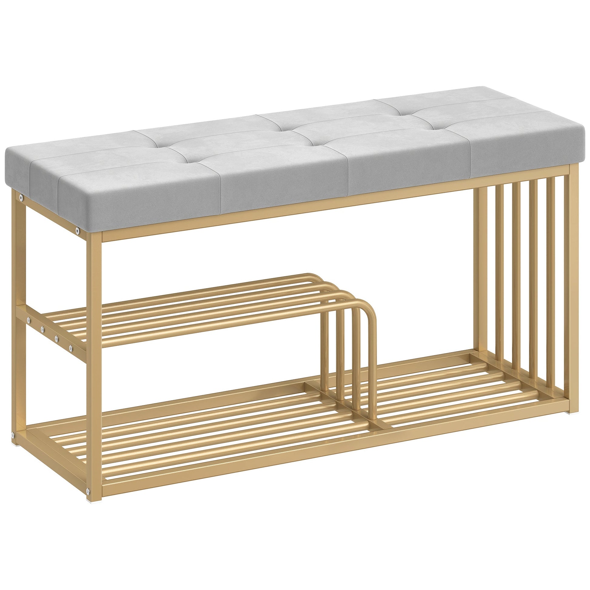 Bench and Shoe Storage, Tufted Shoe Storage Bench with Velvet Seat Cushion Gold Steel Frame for Entryway, Grey