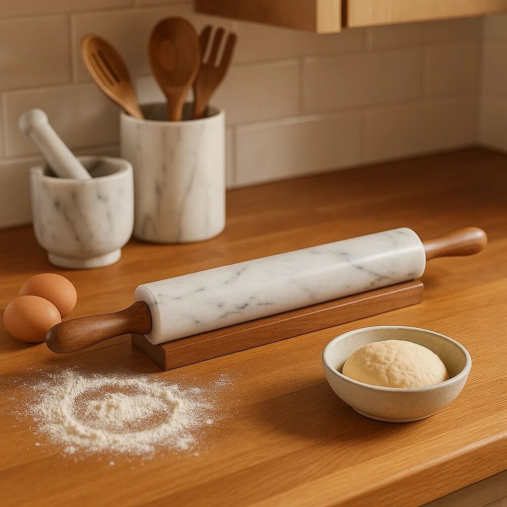 White Marble Rolling Pin with Wooden Handles | Salerno