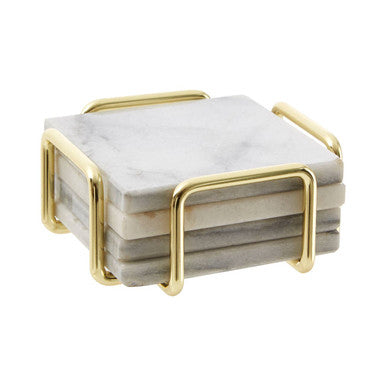 Set of 4 White Marble Coasters with Brass Finish Holder | Delphine