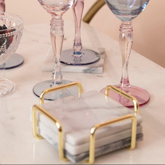 Set of 4 White Marble Coasters with Brass Finish Holder | Delphine