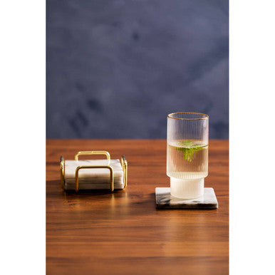 Set of 4 White Marble Coasters with Brass Finish Holder | Delphine