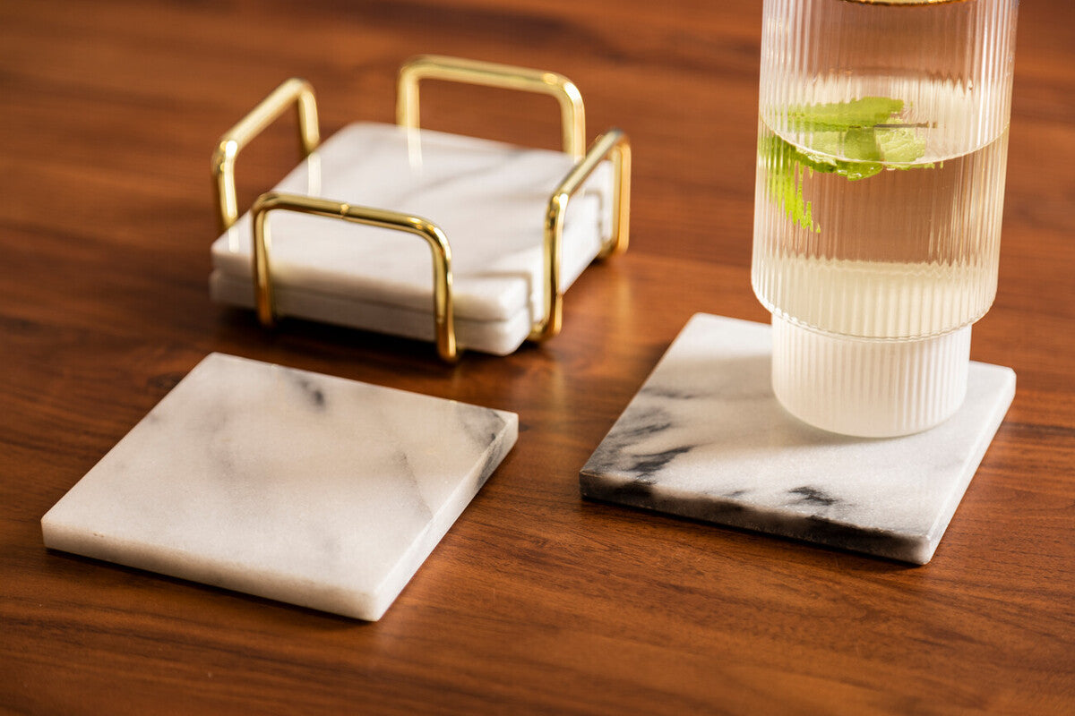 Set of 4 White Marble Coasters with Brass Finish Holder | Delphine