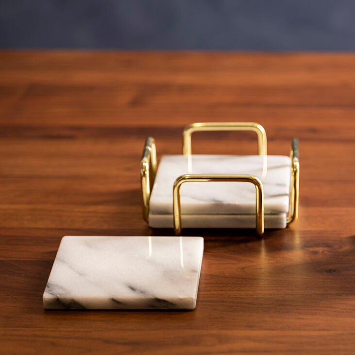 Set of 4 White Marble Coasters with Brass Finish Holder | Delphine