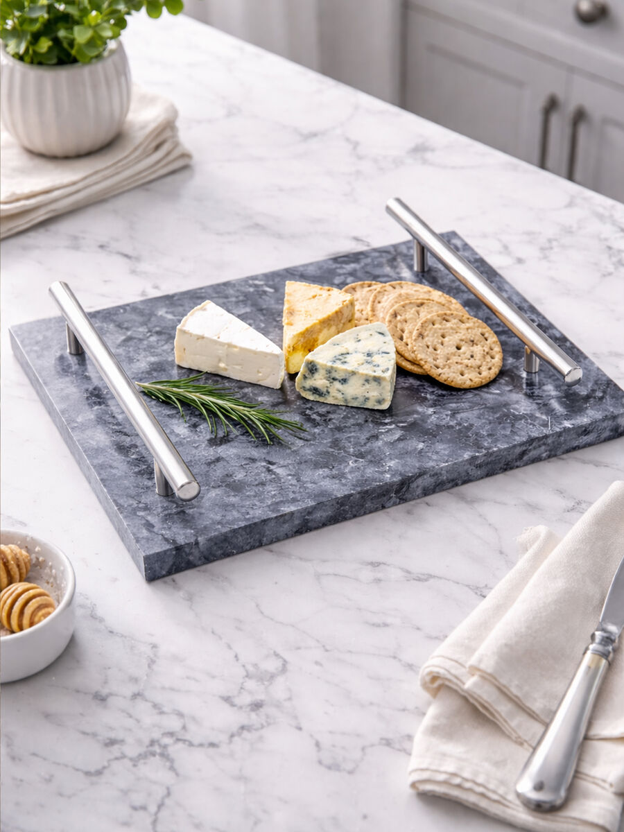 Black Marble Serving Board with Silver Handles | Marmore