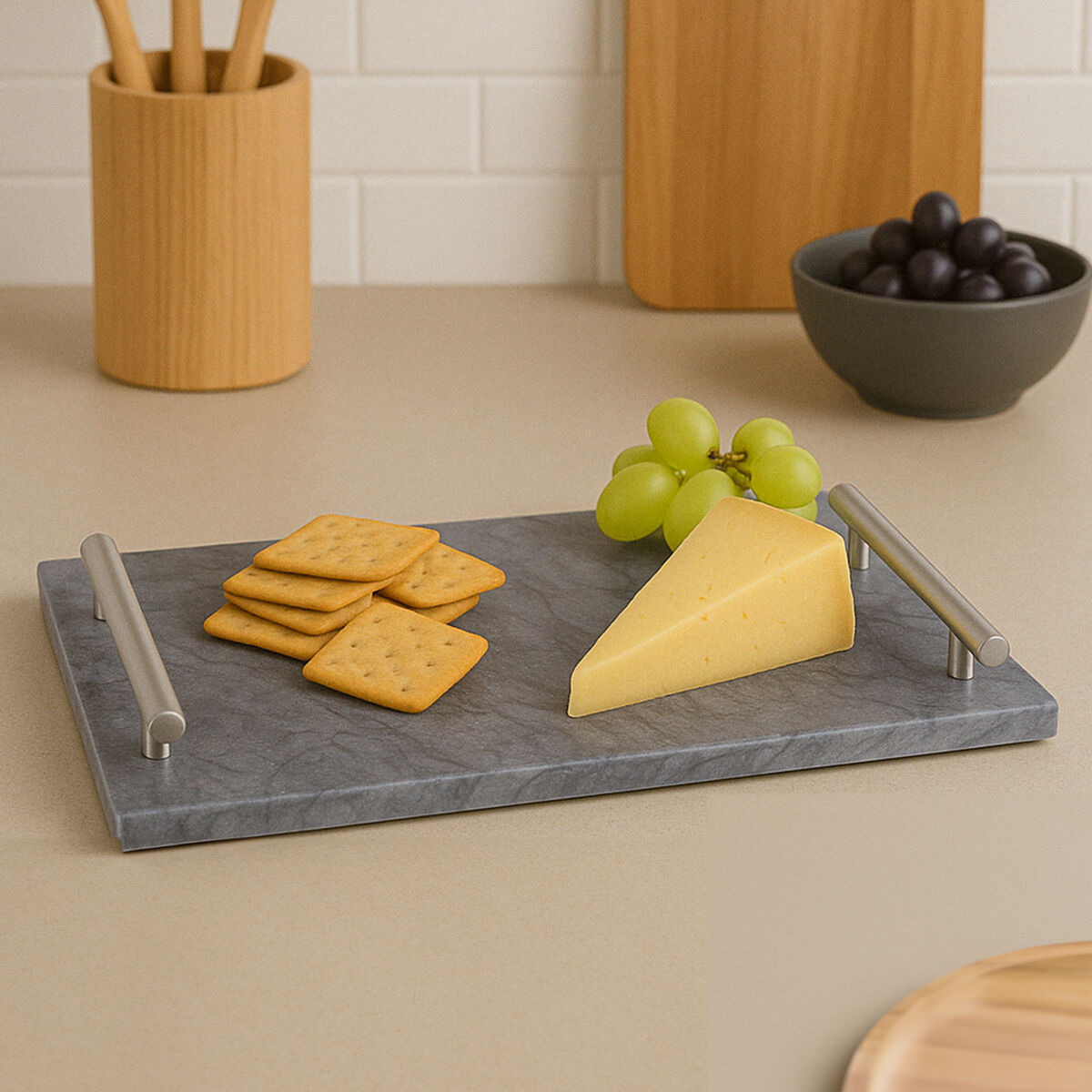 Black Marble Serving Board with Silver Handles | Marmore