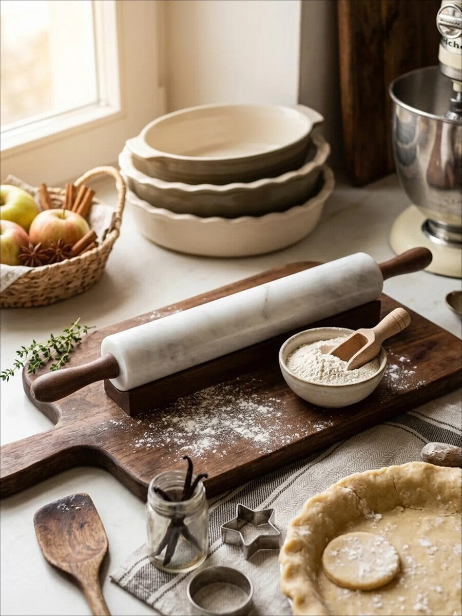 White Marble Rolling Pin with Wooden Stand | Kindia