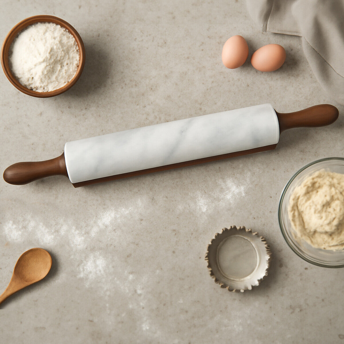 White Marble Rolling Pin with Wooden Stand | Kindia