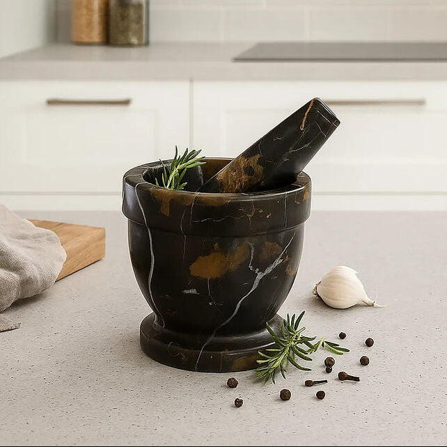 Black and Gold Marble Mortar and Pestle | Marmore