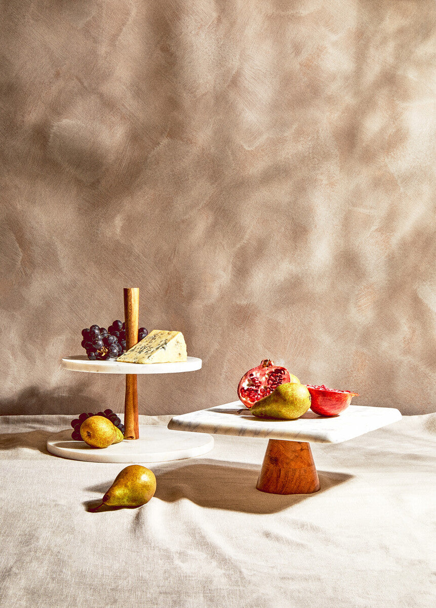 White Marble and Acacia Wood Cake Stand | Monzaro