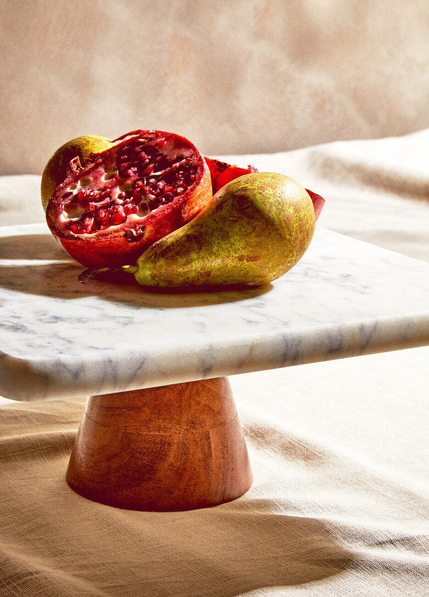 White Marble and Acacia Wood Cake Stand | Monzaro