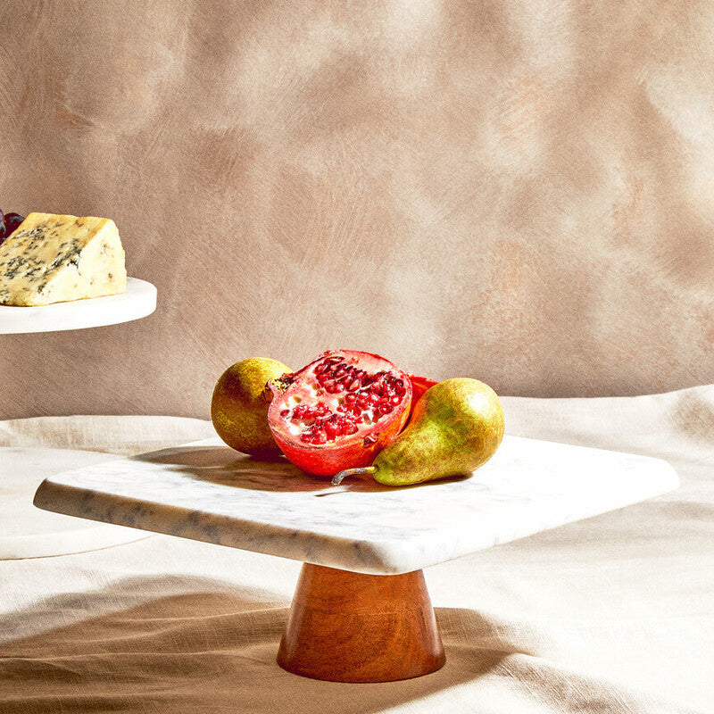 White Marble and Acacia Wood Cake Stand | Monzaro
