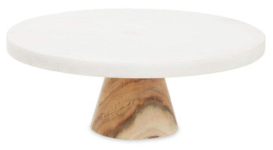 Round White Marble and Acacia Wood Cake Stand | Monzaro