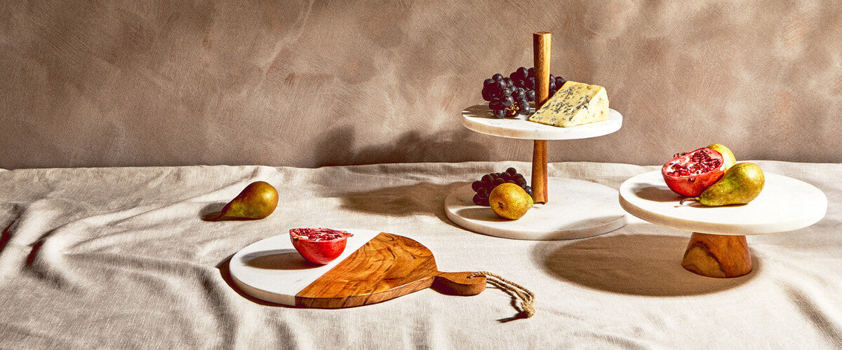 Round White Marble and Acacia Wood Cake Stand | Monzaro