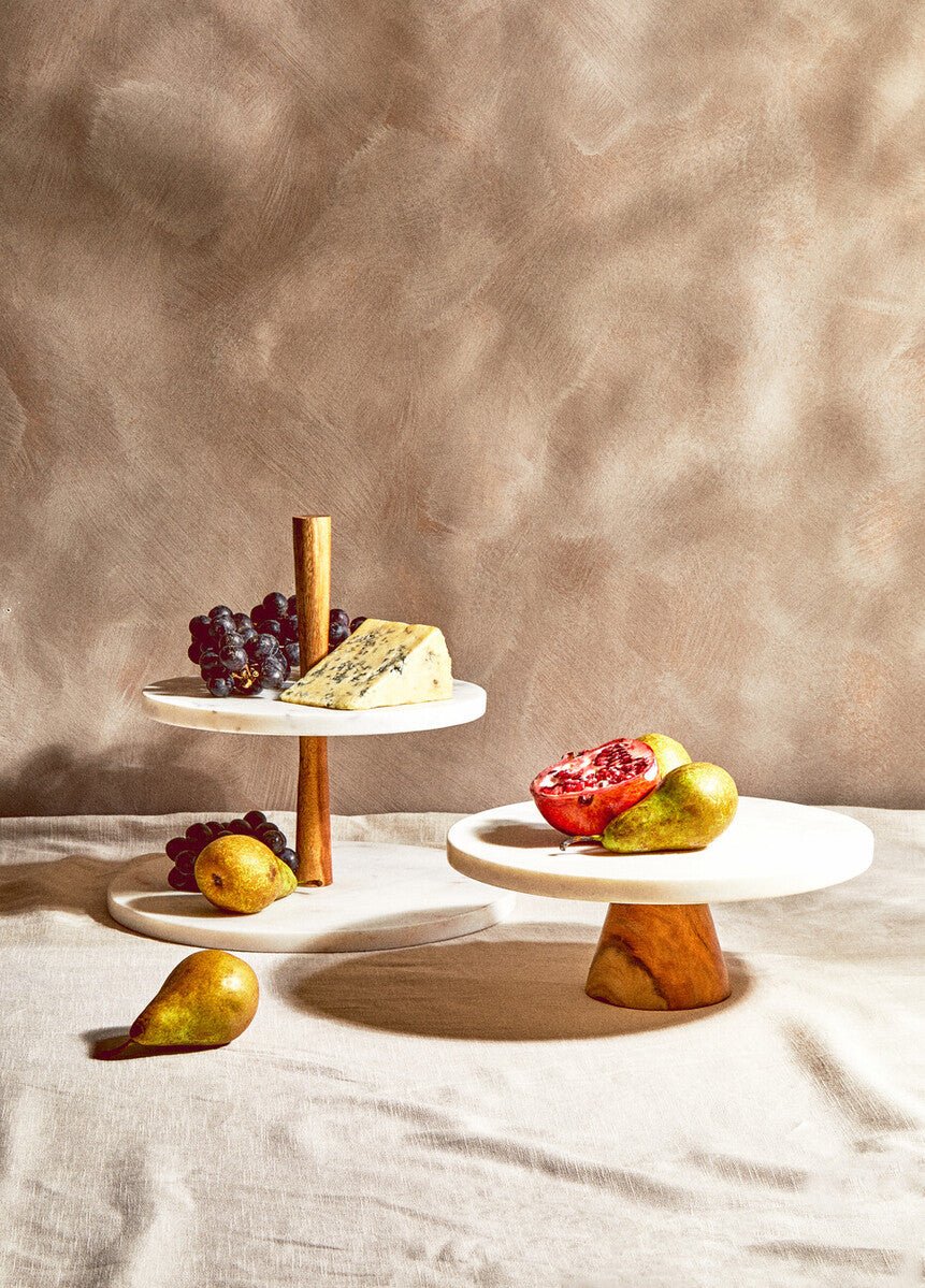 Round White Marble and Acacia Wood Cake Stand | Monzaro
