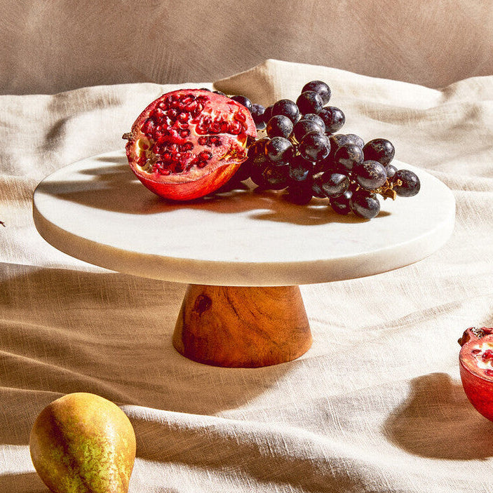 Round White Marble and Acacia Wood Cake Stand | Monzaro