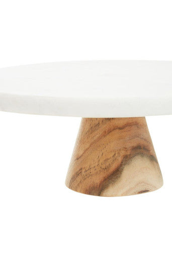 Round White Marble and Acacia Wood Cake Stand | Monzaro