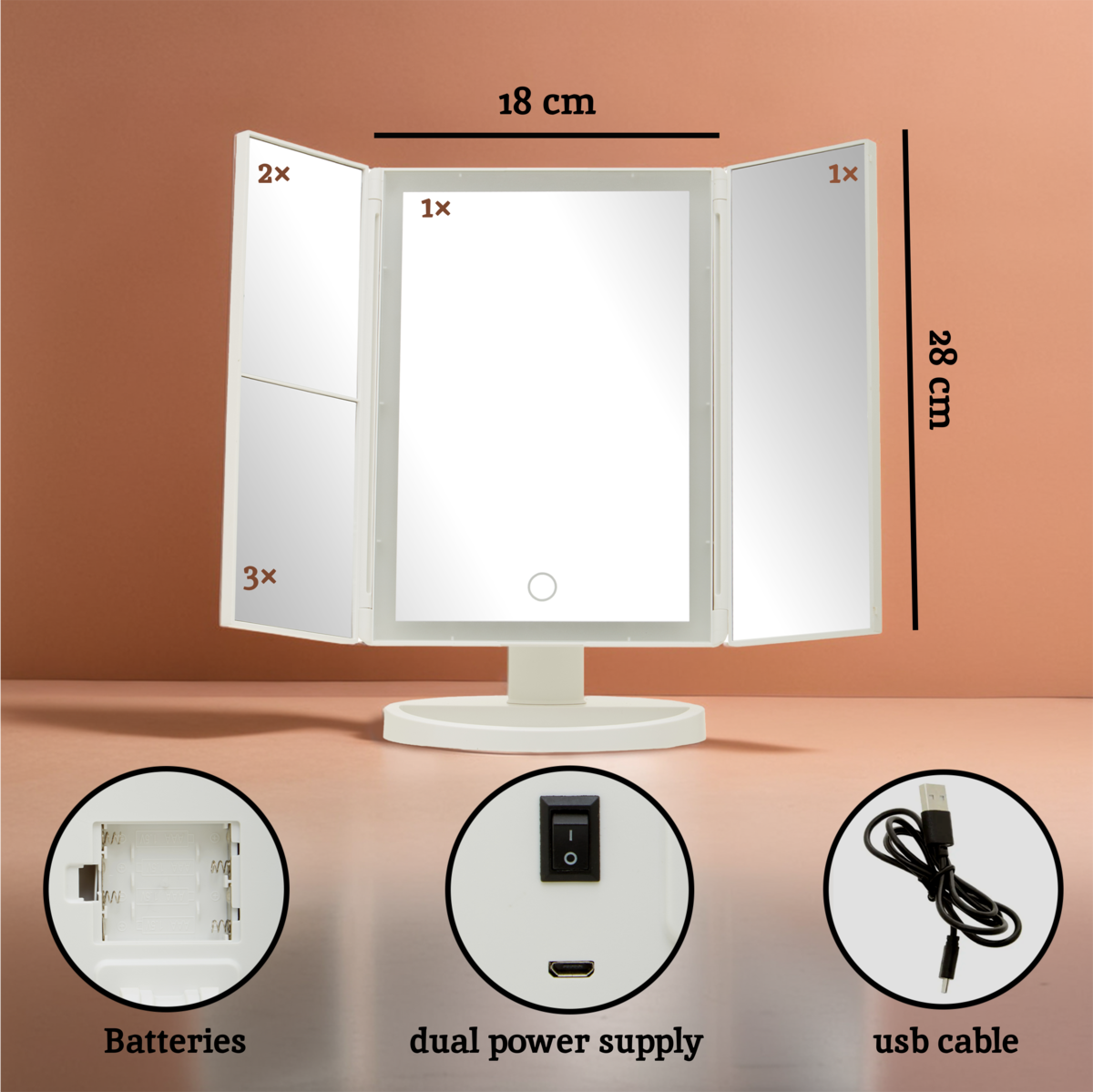 Tri Fold White LED Table Mirror | Cassini
