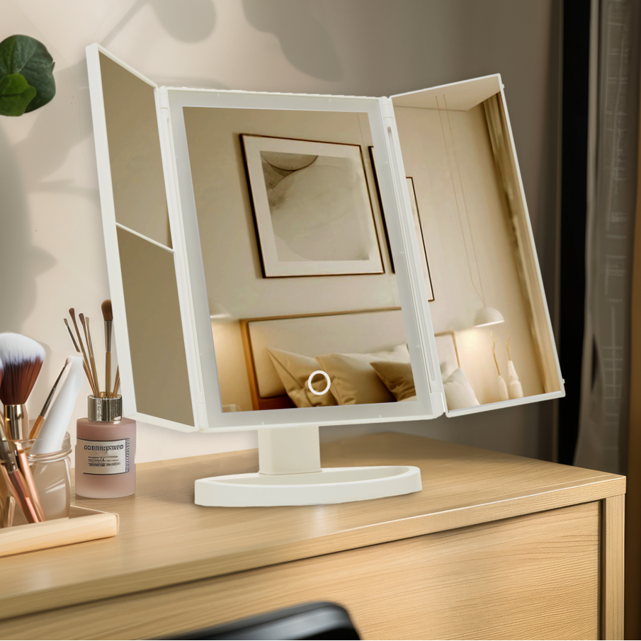 Tri Fold White LED Table Mirror | Cassini