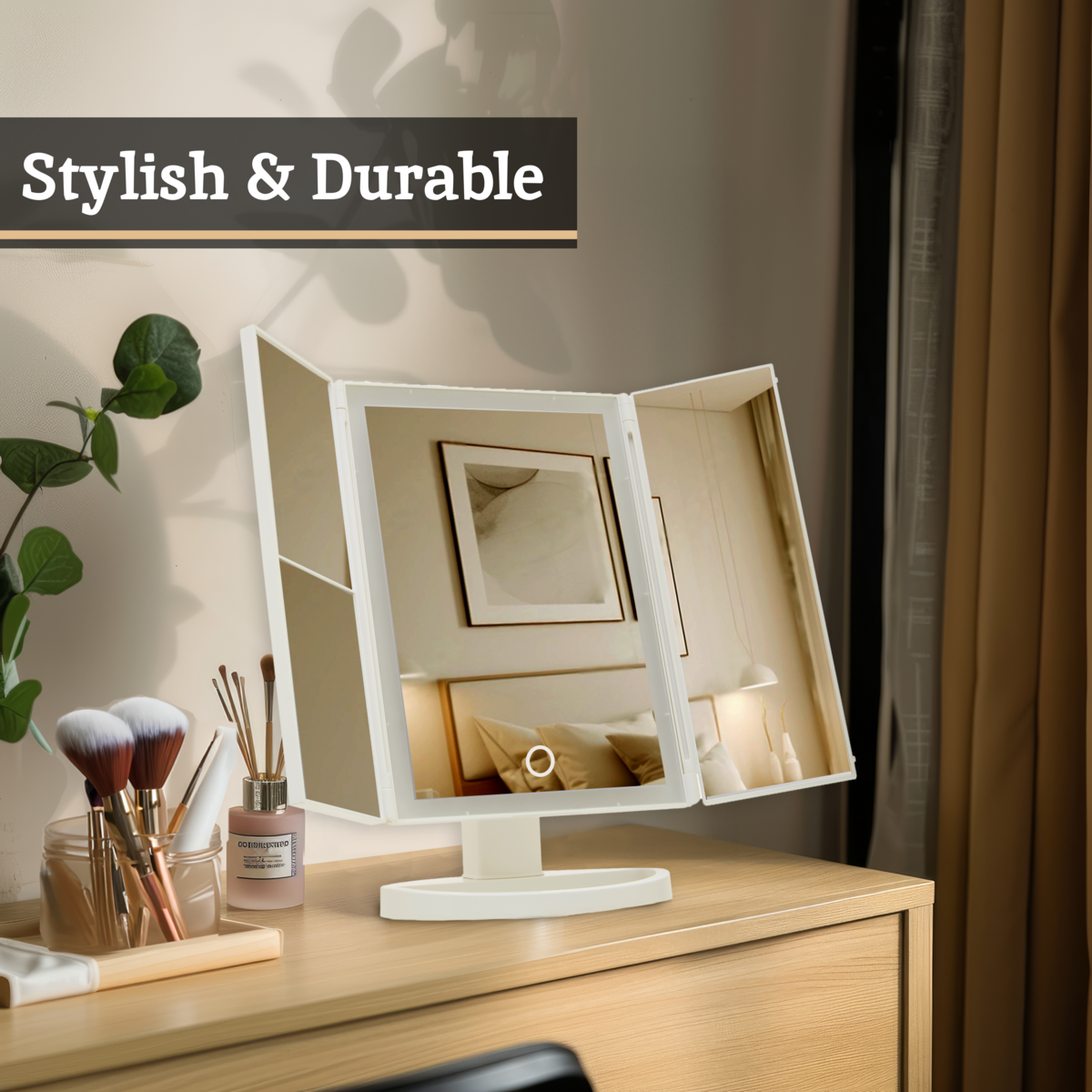 Tri Fold White LED Table Mirror | Cassini