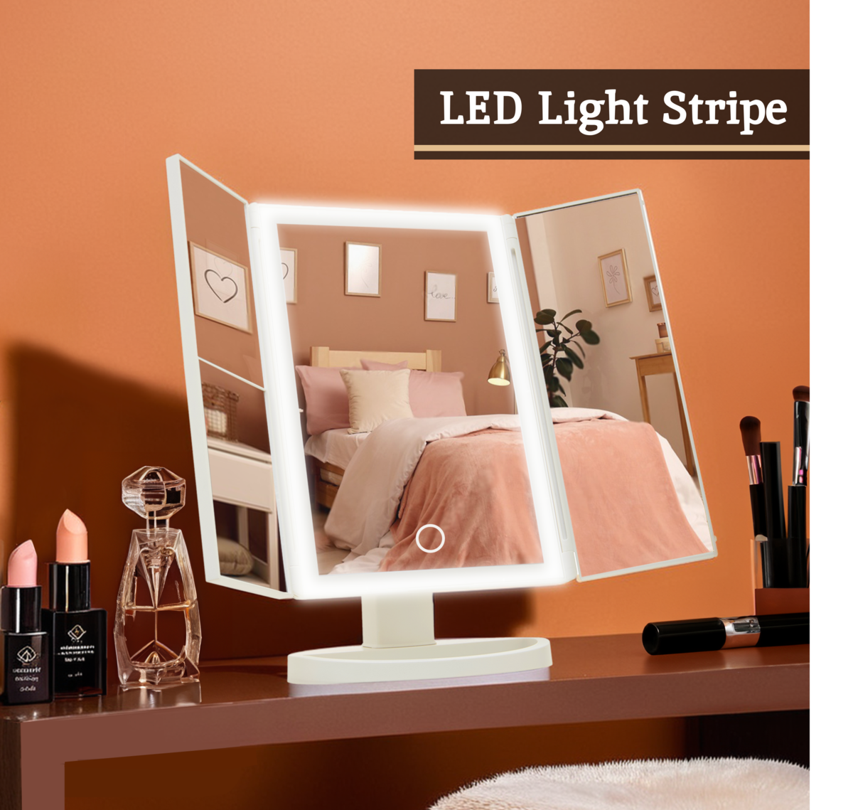 Tri Fold White LED Table Mirror | Cassini