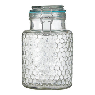 Apiary Clear Glass Honeycomb Clip Top Jar with Blue Seal 1300ml