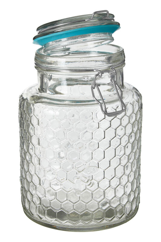 Apiary Clear Glass Honeycomb Clip Top Jar with Blue Seal 1300ml