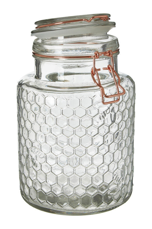 Apiary Clear Glass Honeycomb Clip Top Jar with Clear Seal 1300ml