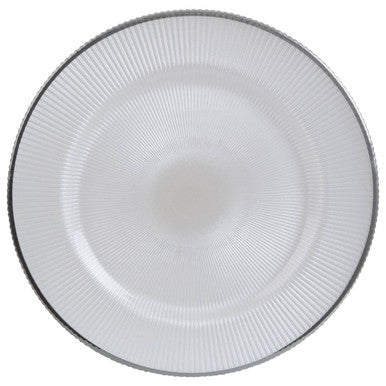 White Embossed Glass Charger Plate with Silver Rim | Ida