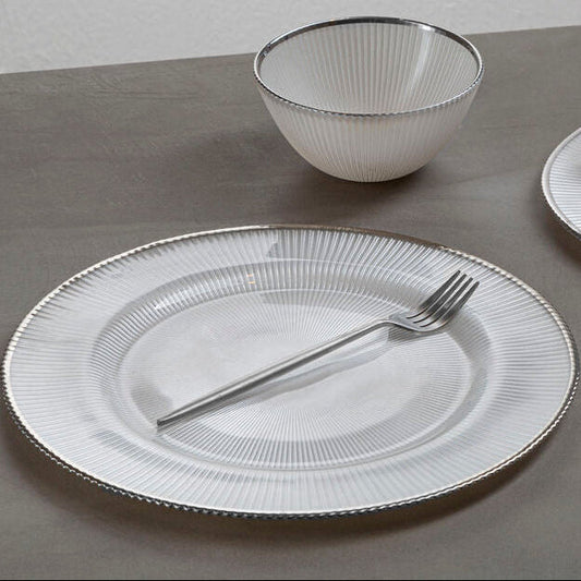 White Embossed Glass Dinner Plate with Silver Rim | Ida