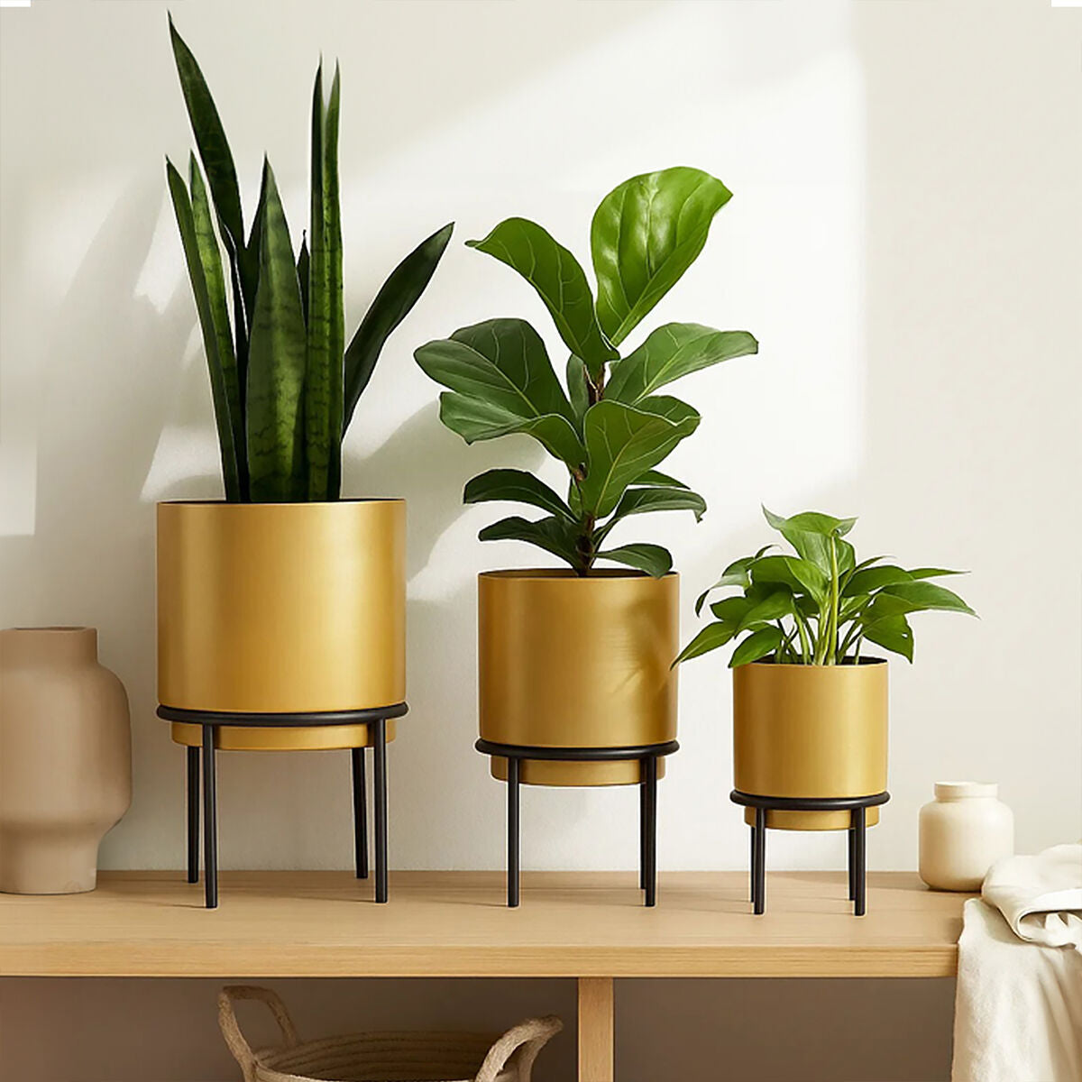 Set of Three Gold Finish Planters | Avento