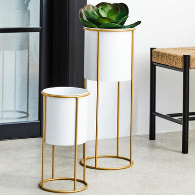 Small White and Gold Floor Standing Planter | Trosa