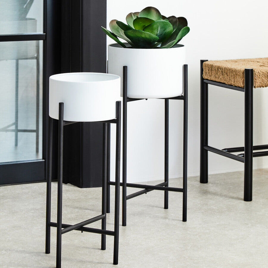 Small White and Black Floor Standing Planter | Trosa